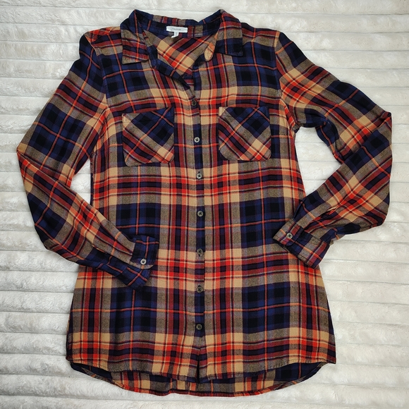 Maurices Tops - Maurices Orange, Blue And Tan Plaid Button Down Tunic Top Women's Size Medium